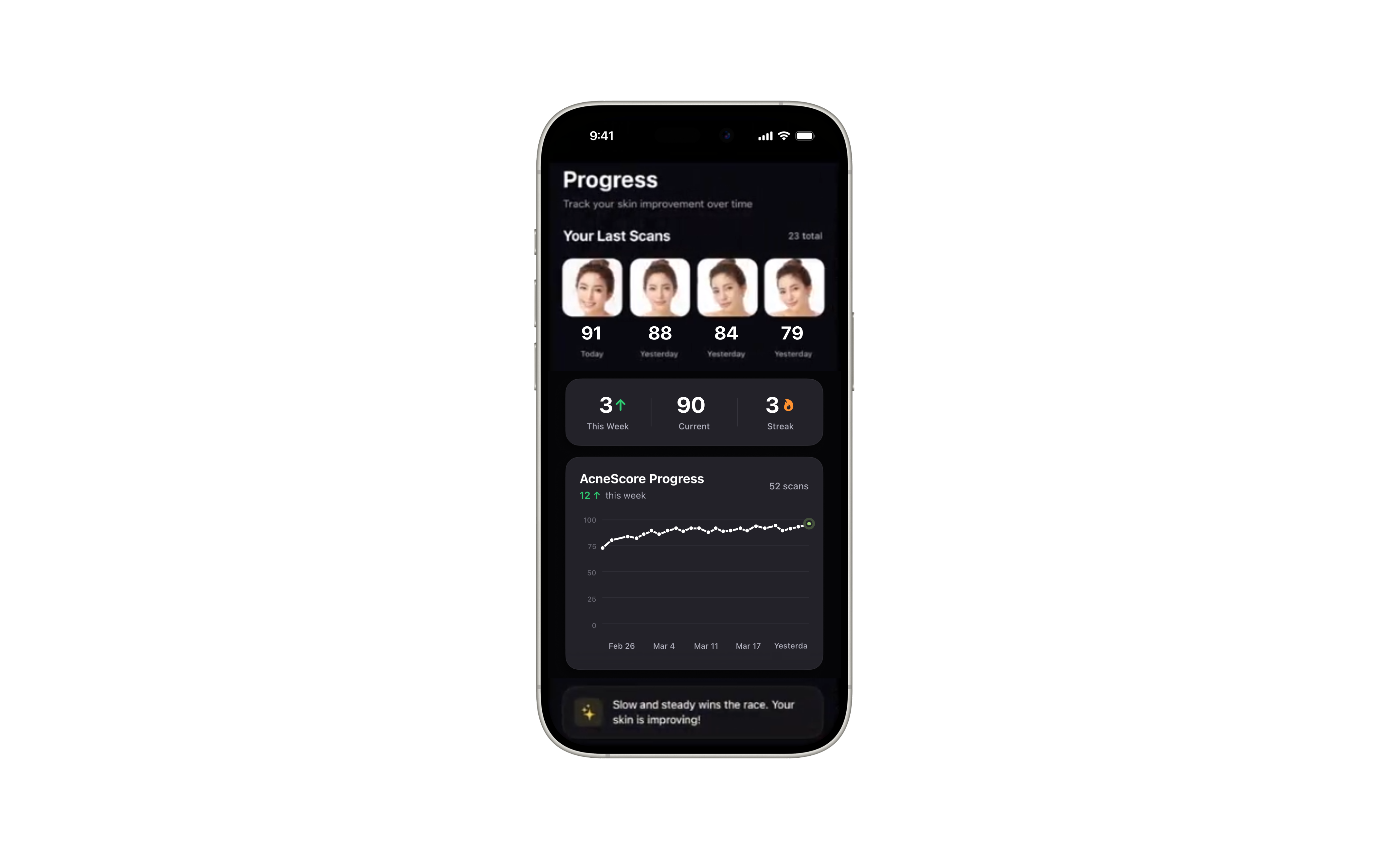 Track your AcneScore progress over time, with every scan saved.